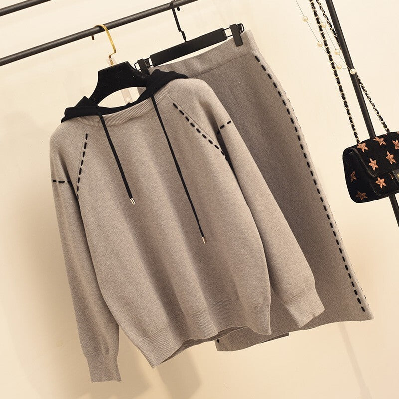 フード付き セーター + スカート ニットセットアップ