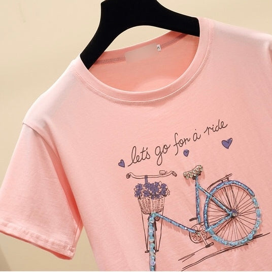 自転車柄プリントデザイン 半袖Tシャツトップス