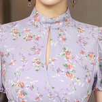 薄紫フレンチパフスリーブ+フィッシュテールスカート 花柄セットアップ