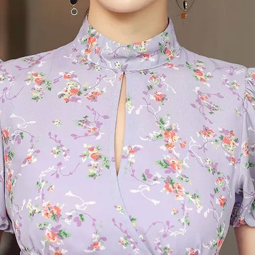 薄紫フレンチパフスリーブ+フィッシュテールスカート 花柄セットアップ