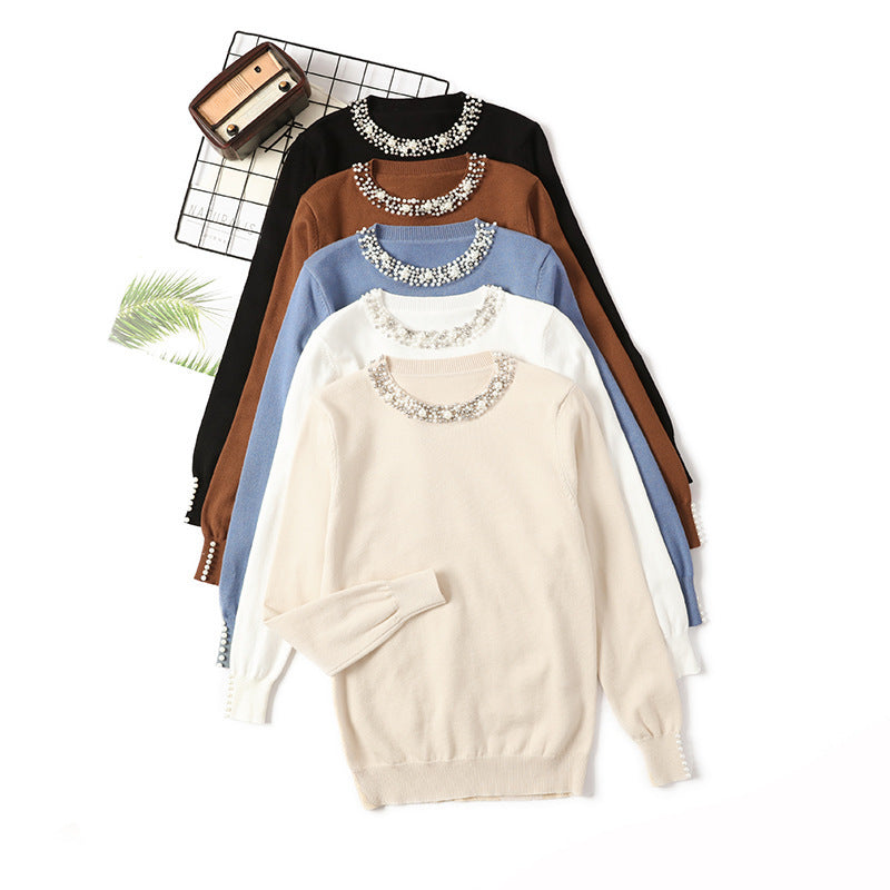 ビジュー付き ラウンドネック 長袖ニットトップス – Select shop