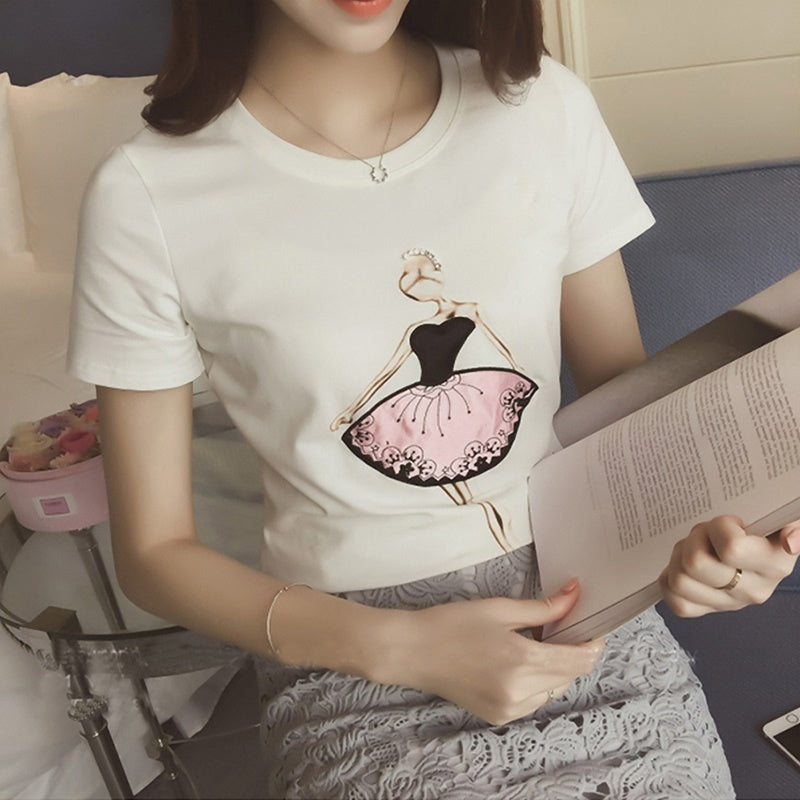 半袖ラウンドネック ピンクドレス立体装飾Tシャツ