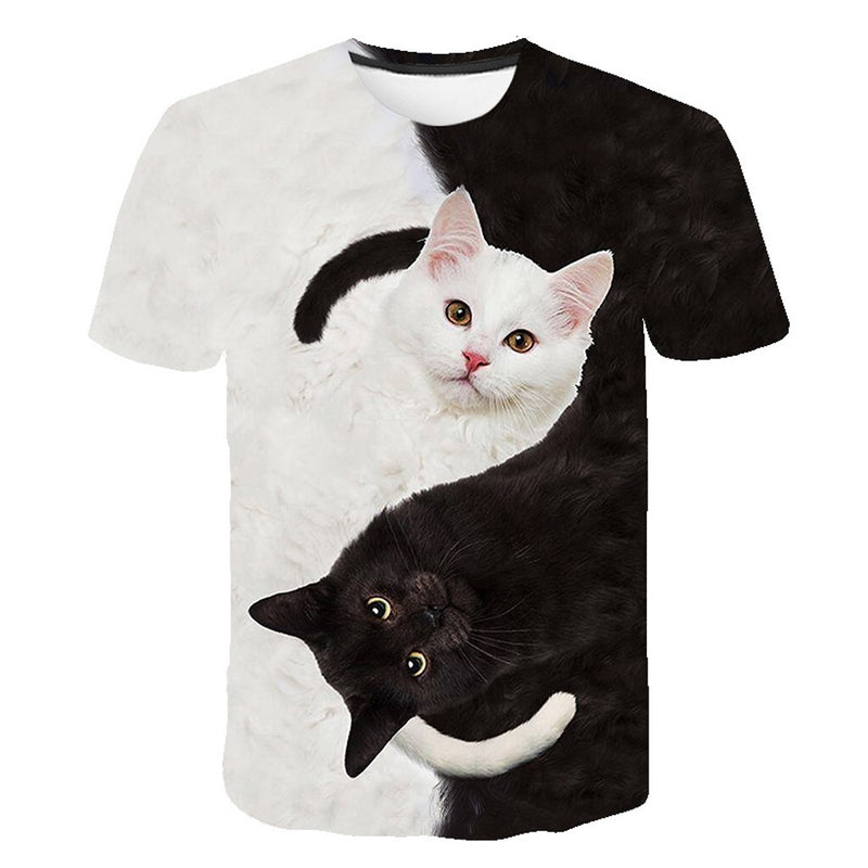 白黒キャットプリント 半袖Tシャツ