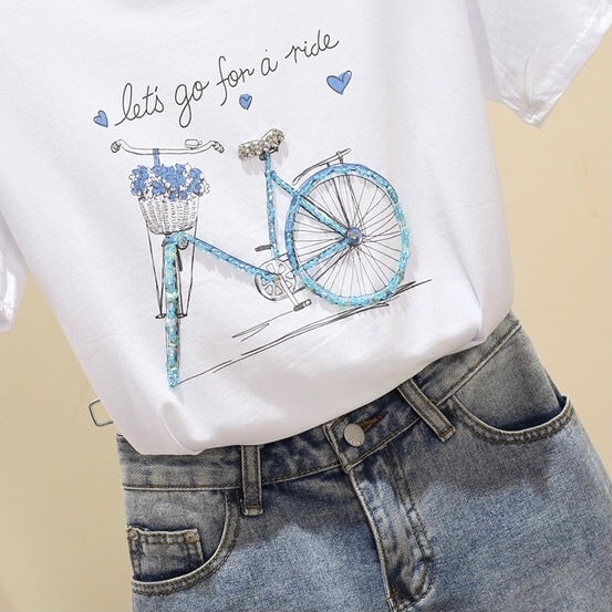 自転車柄プリントデザイン 半袖Tシャツトップス