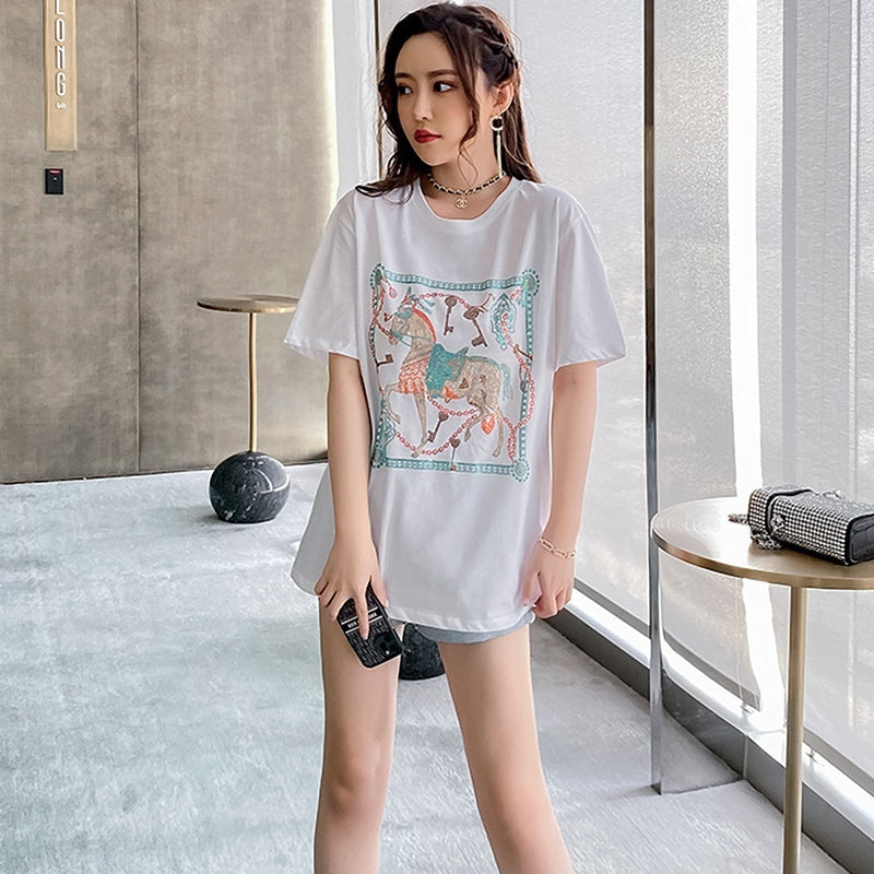 馬柄 半袖ラインストーンTシャツ