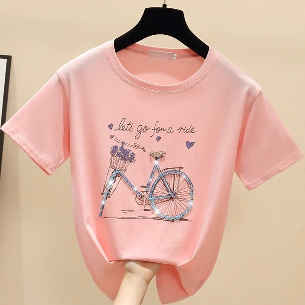 自転車柄プリントデザイン 半袖Tシャツトップス