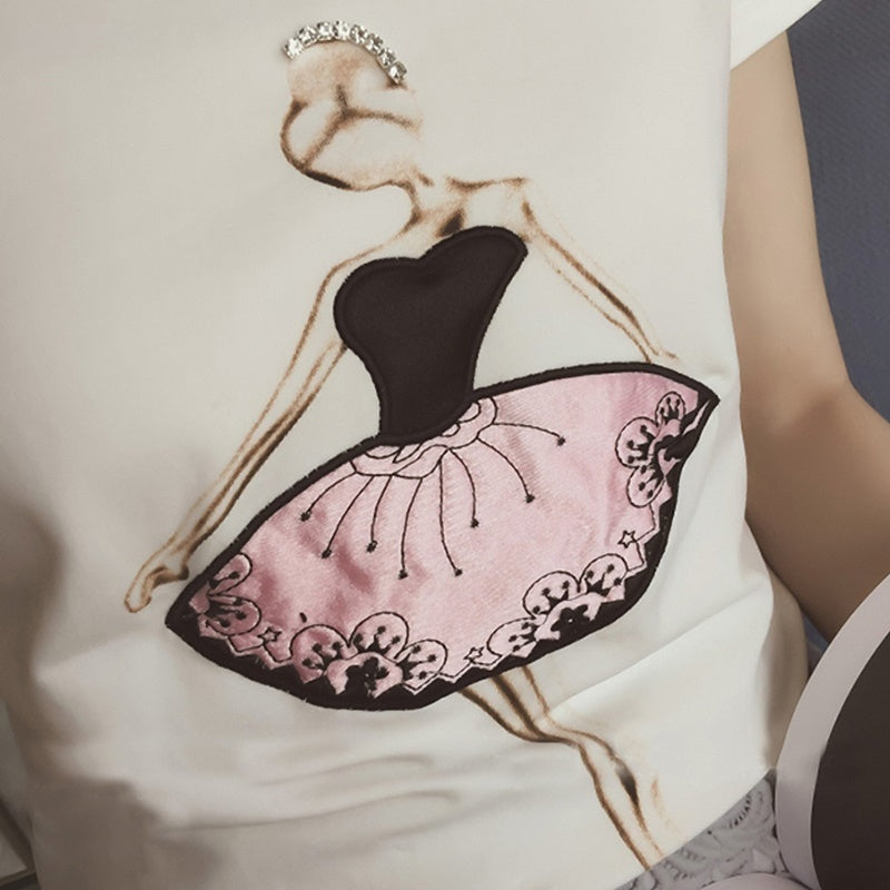 半袖ラウンドネック ピンクドレス立体装飾Tシャツ