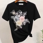 立体3色フラワー刺繍 Tシャツトップス