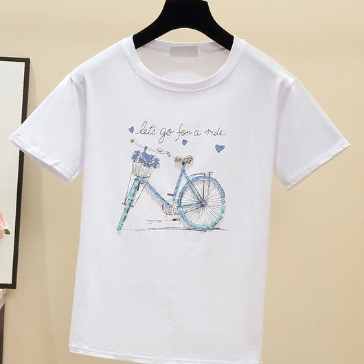 自転車柄プリントデザイン 半袖Tシャツトップス