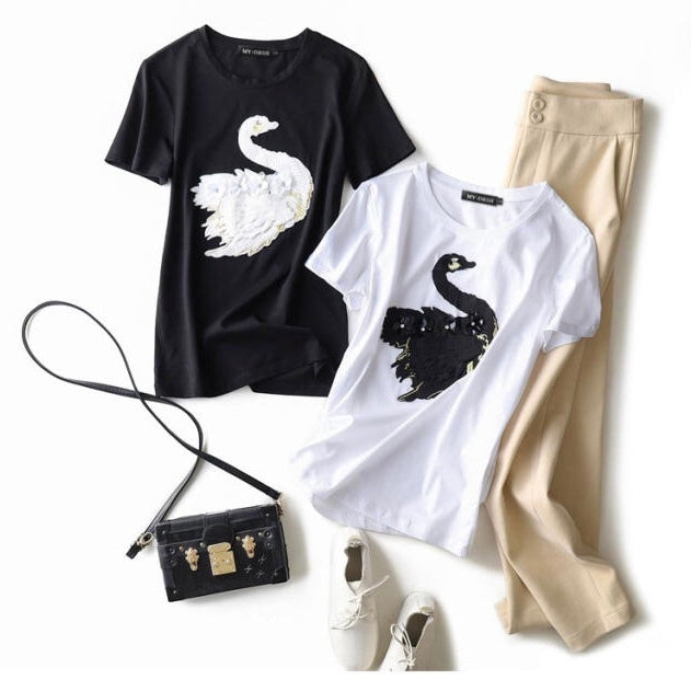 【スタッフ着用】立体白鳥デザイン 半袖Tシャツトップス