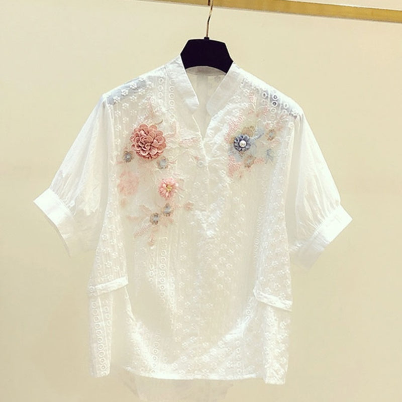 花柄刺繍半袖Vネック 花飾りシャツ