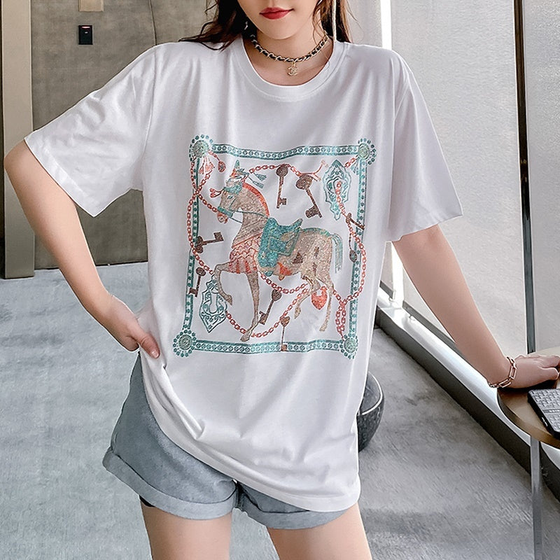 馬柄 半袖ラインストーンTシャツ