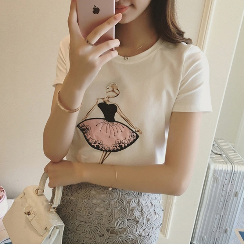 半袖ラウンドネック ピンクドレス立体装飾Tシャツ